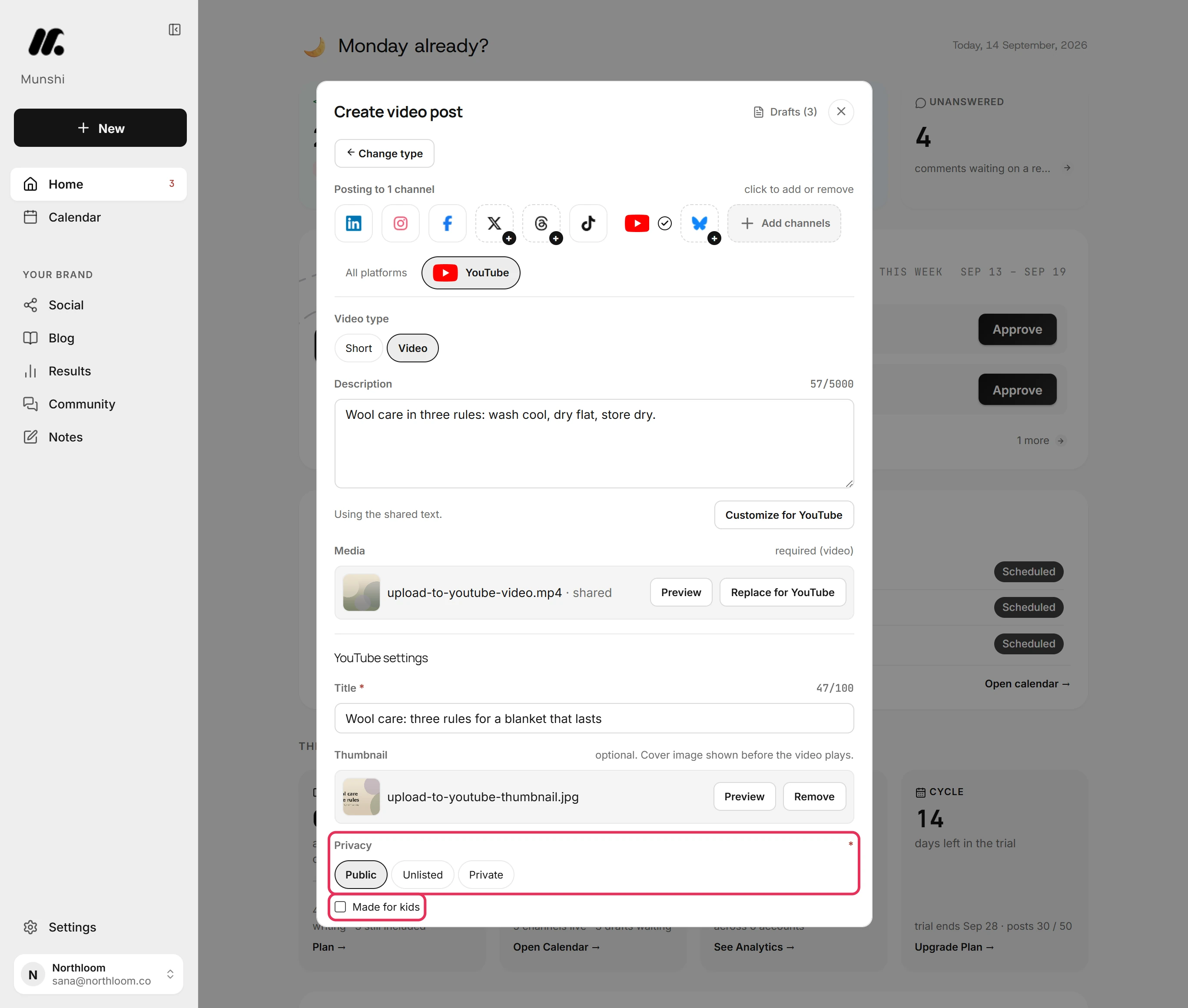 YouTube's Privacy choices with Public selected, and the Made for kids checkbox below them.