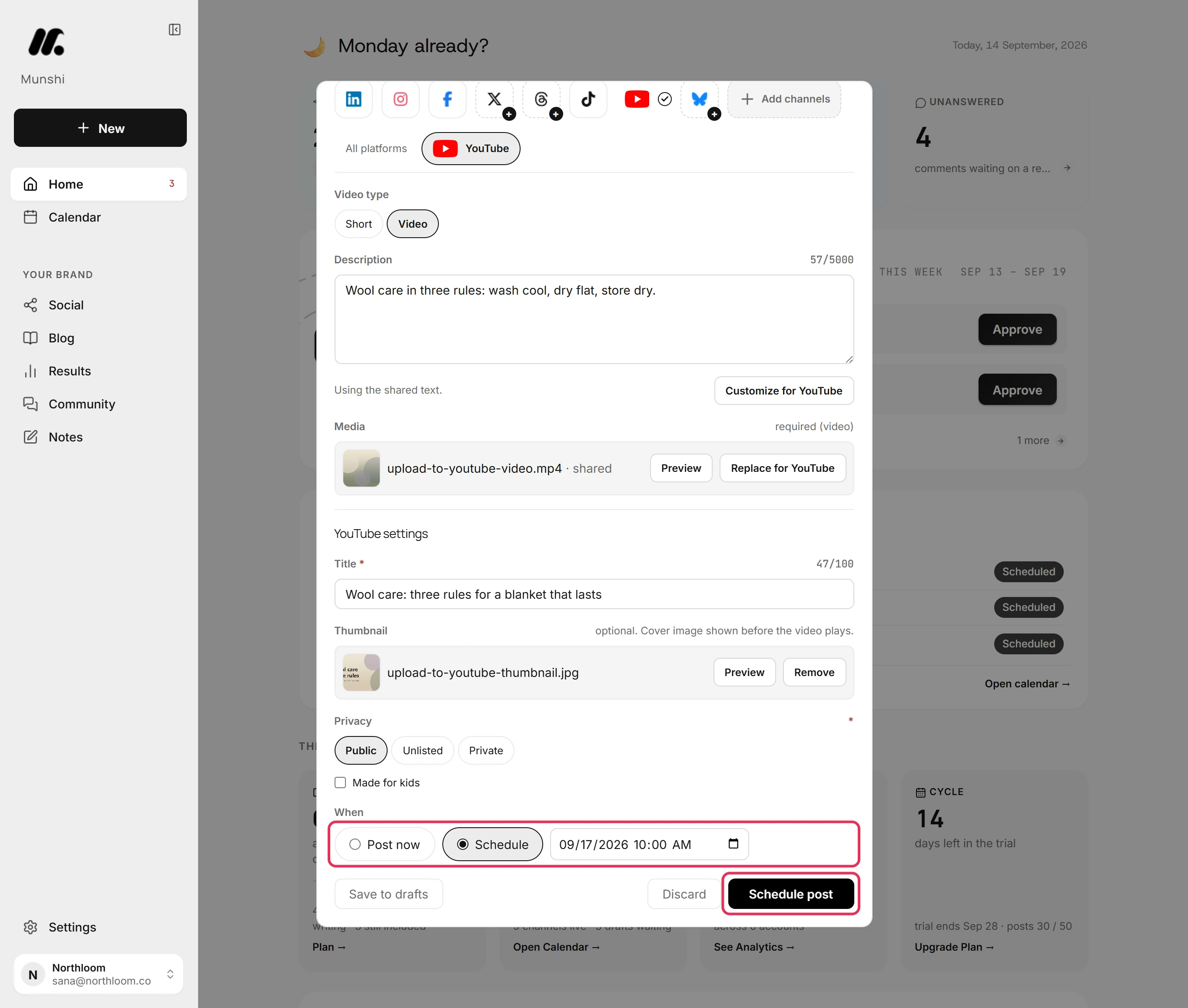 The When row with Schedule selected and a date and time filled in, beside the Schedule post button.