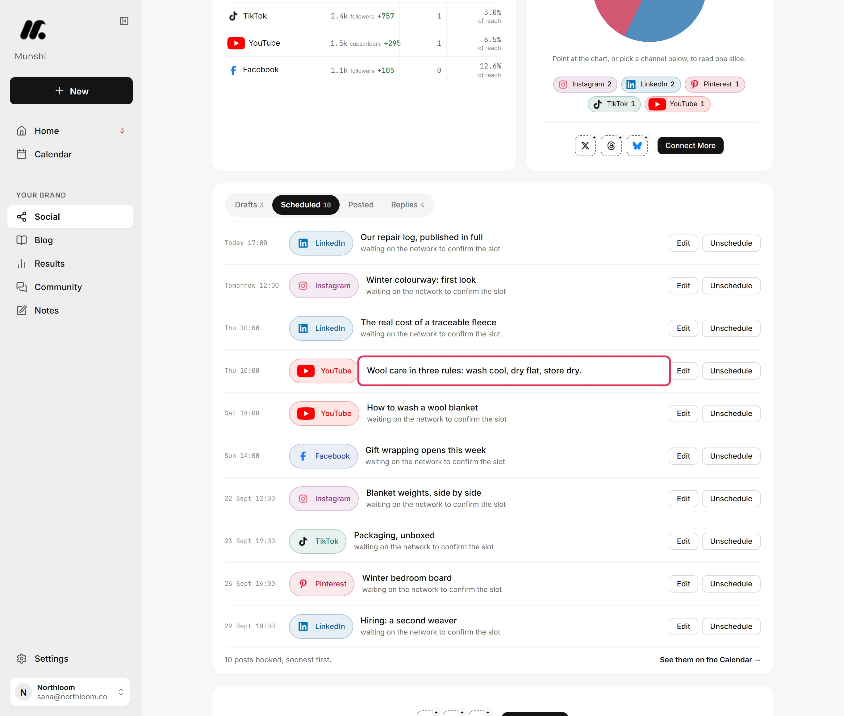 The Scheduled tab of the Social page with the YouTube upload listed.