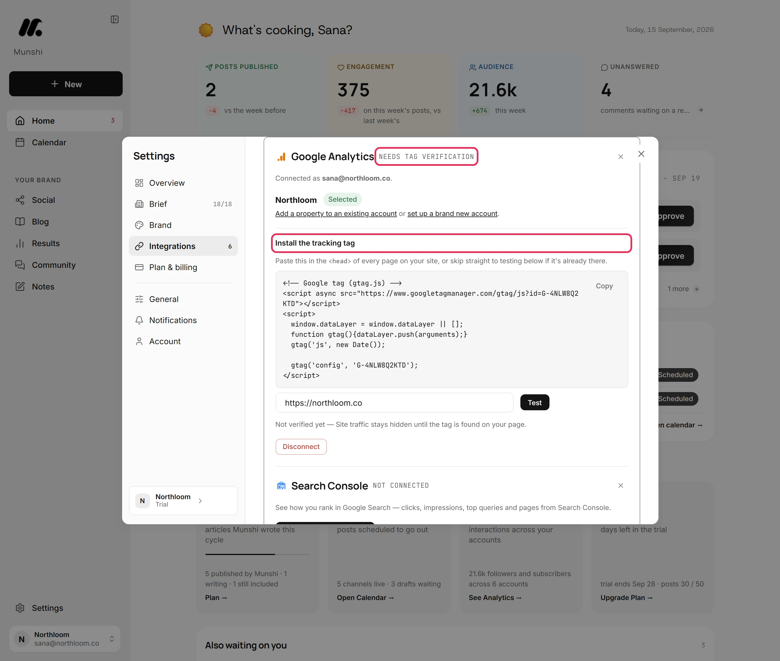 The Google Analytics panel reading Needs tag verification, with Install the tracking tag below it.