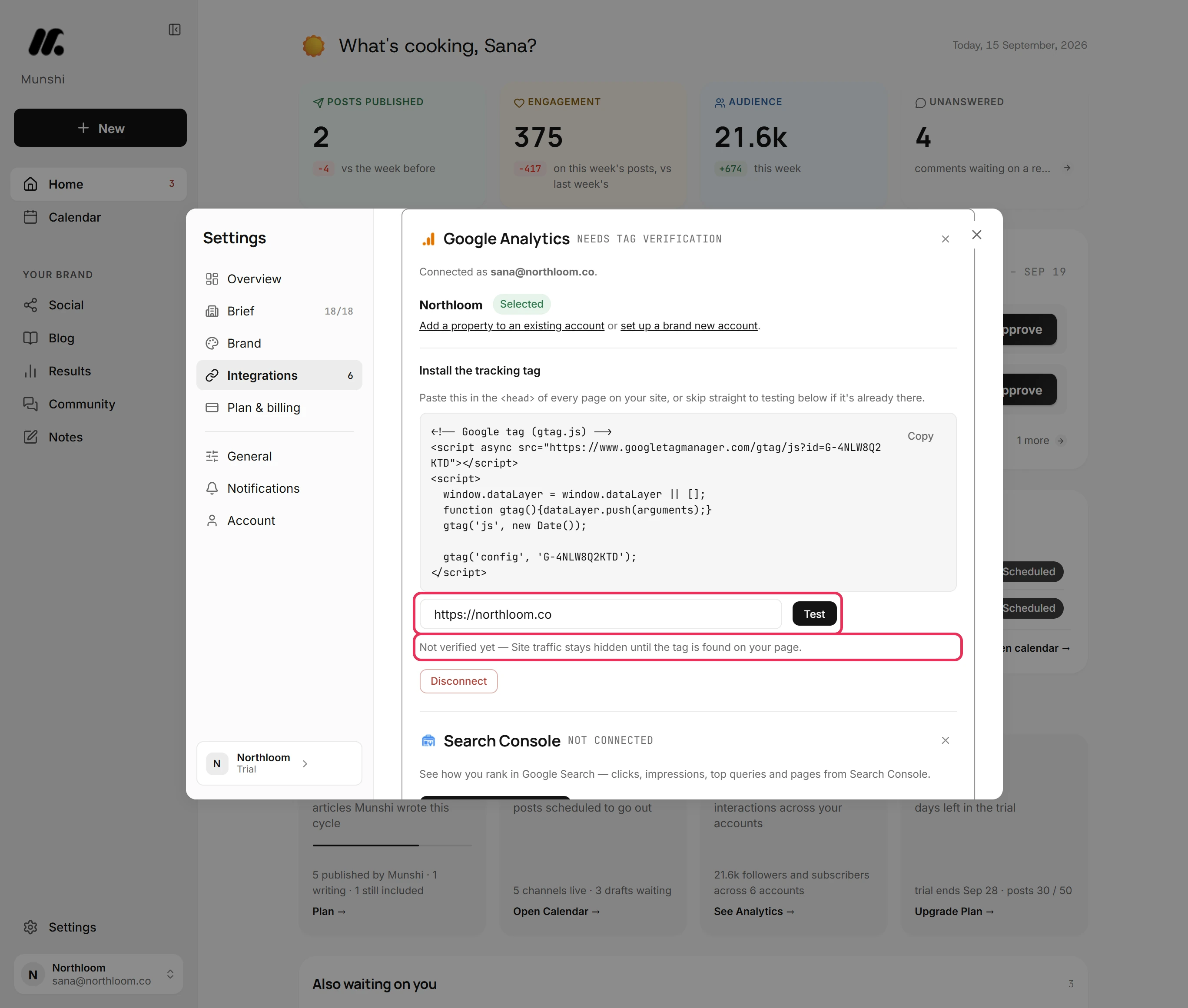 The address field holding https://northloom.co beside the Test button, above the Not verified yet line.
