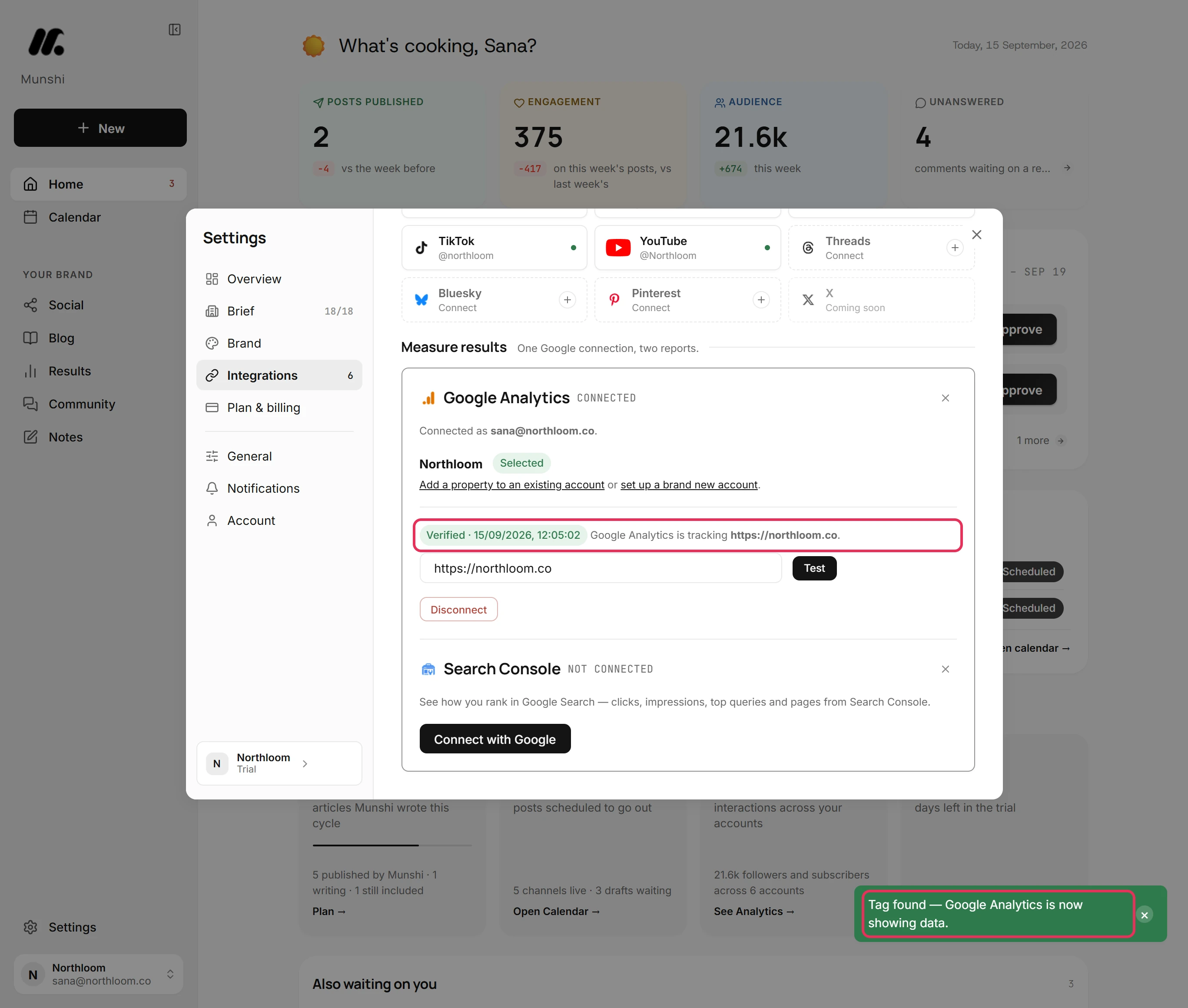 The Verified badge with the time of the check, and Google Analytics is tracking https://northloom.co.