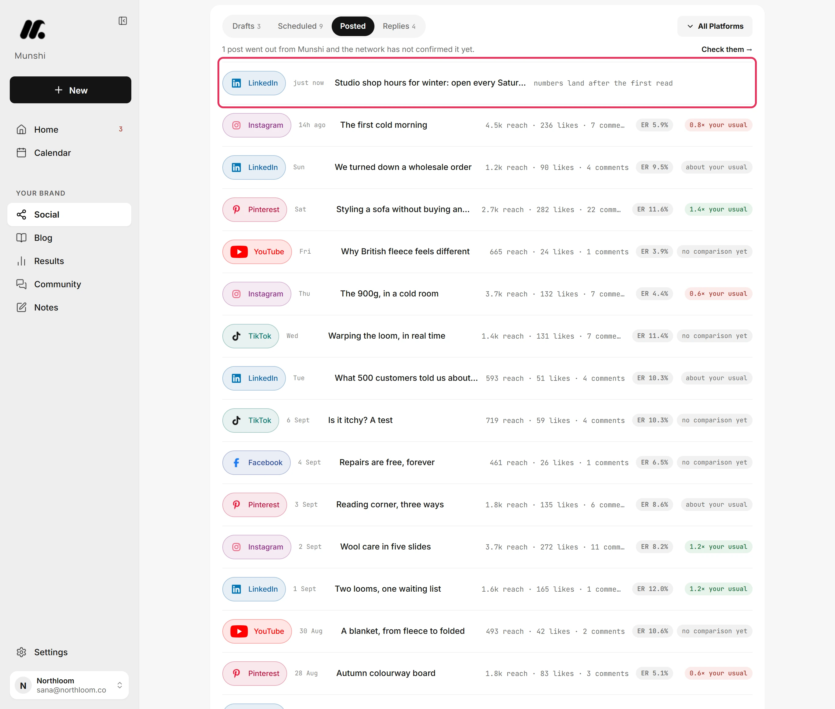 The Posted tab of the Social page with the studio shop post at the top, marked just now.