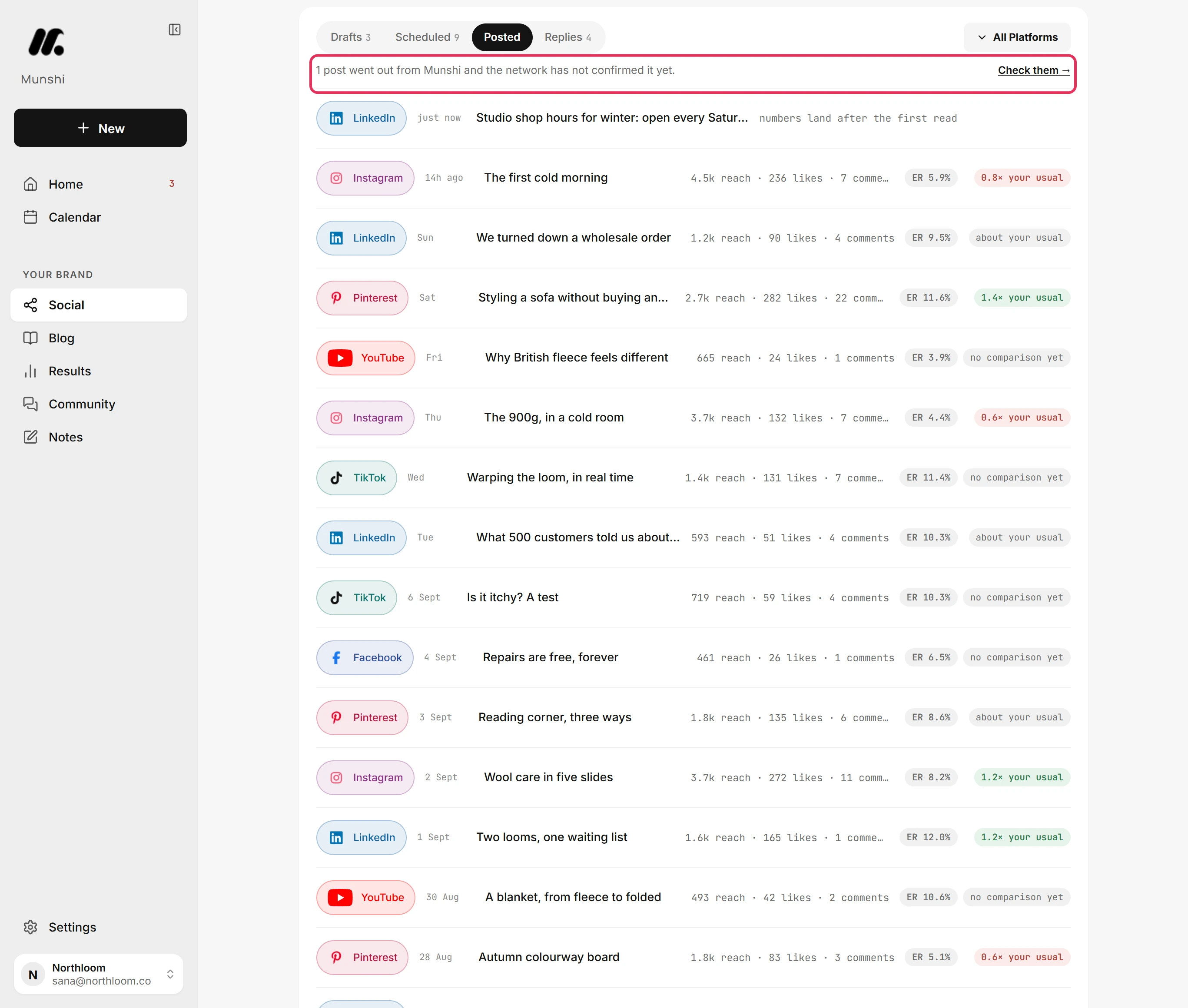 The line above the Posted list: 1 post went out from Munshi and the network has not confirmed it yet, with Check them.