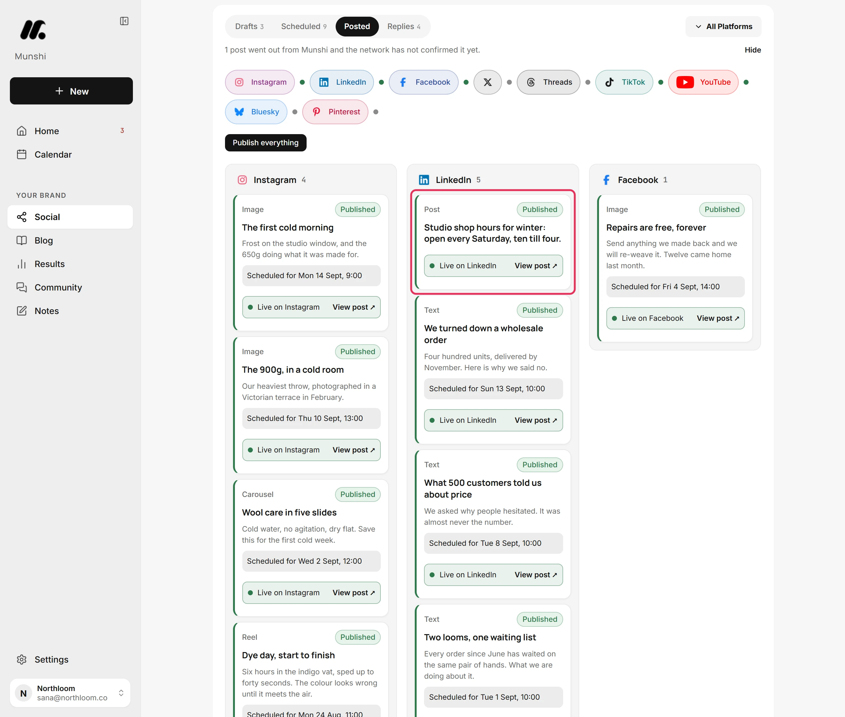 The check open under the line, with cards grouped by network and the studio shop post's card in the LinkedIn column outlined in red.