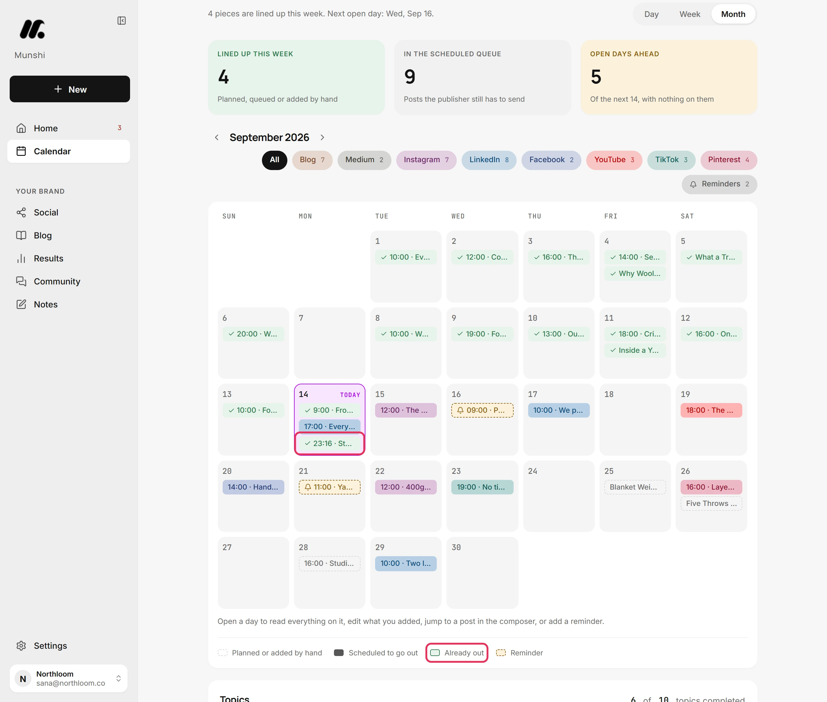 The Calendar with the studio shop post on today's date marked with a check, and the Already out key below the month.