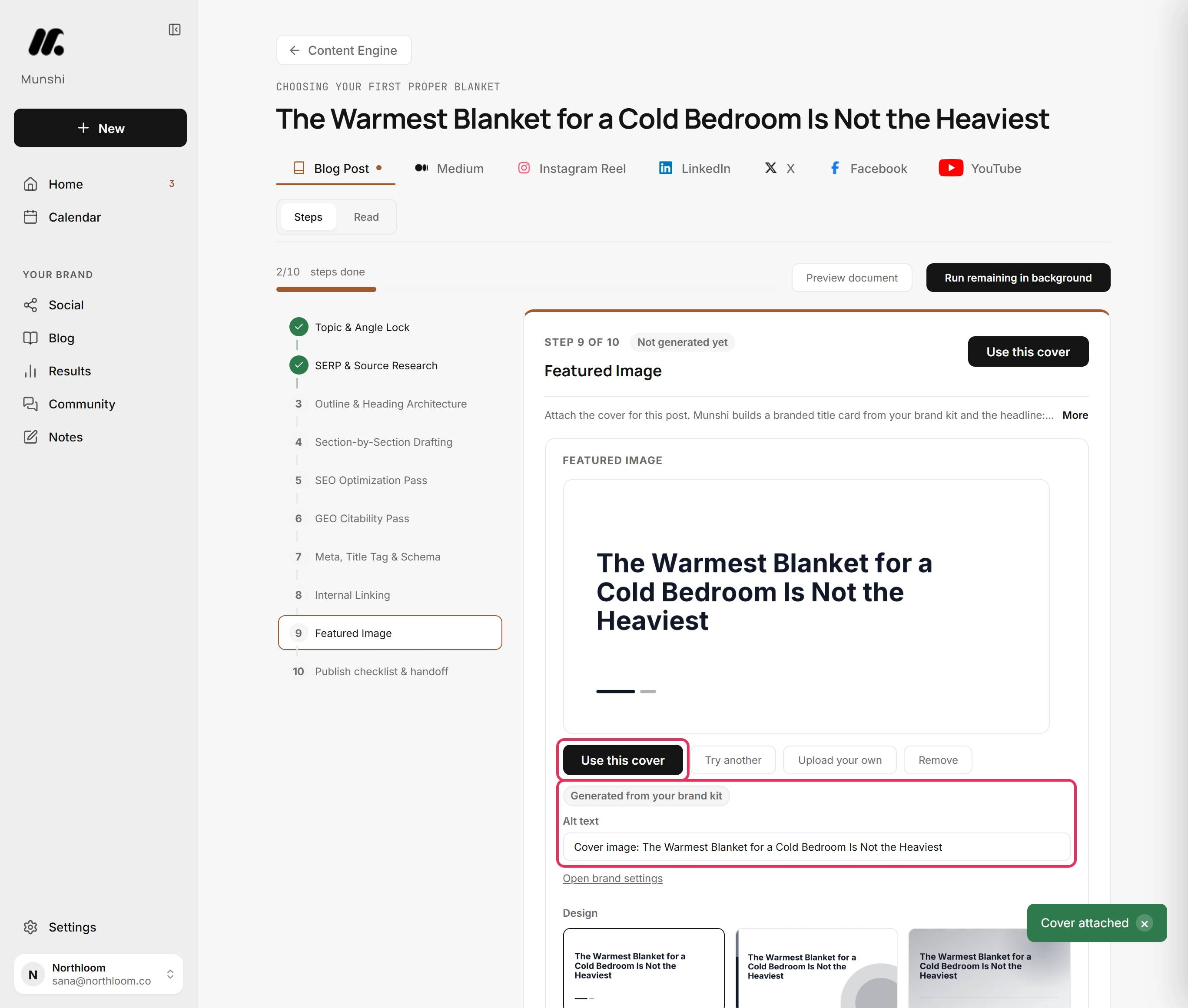 The Featured Image step with its cover preview, and the Use this cover button and the Generated from your brand kit tag outlined.