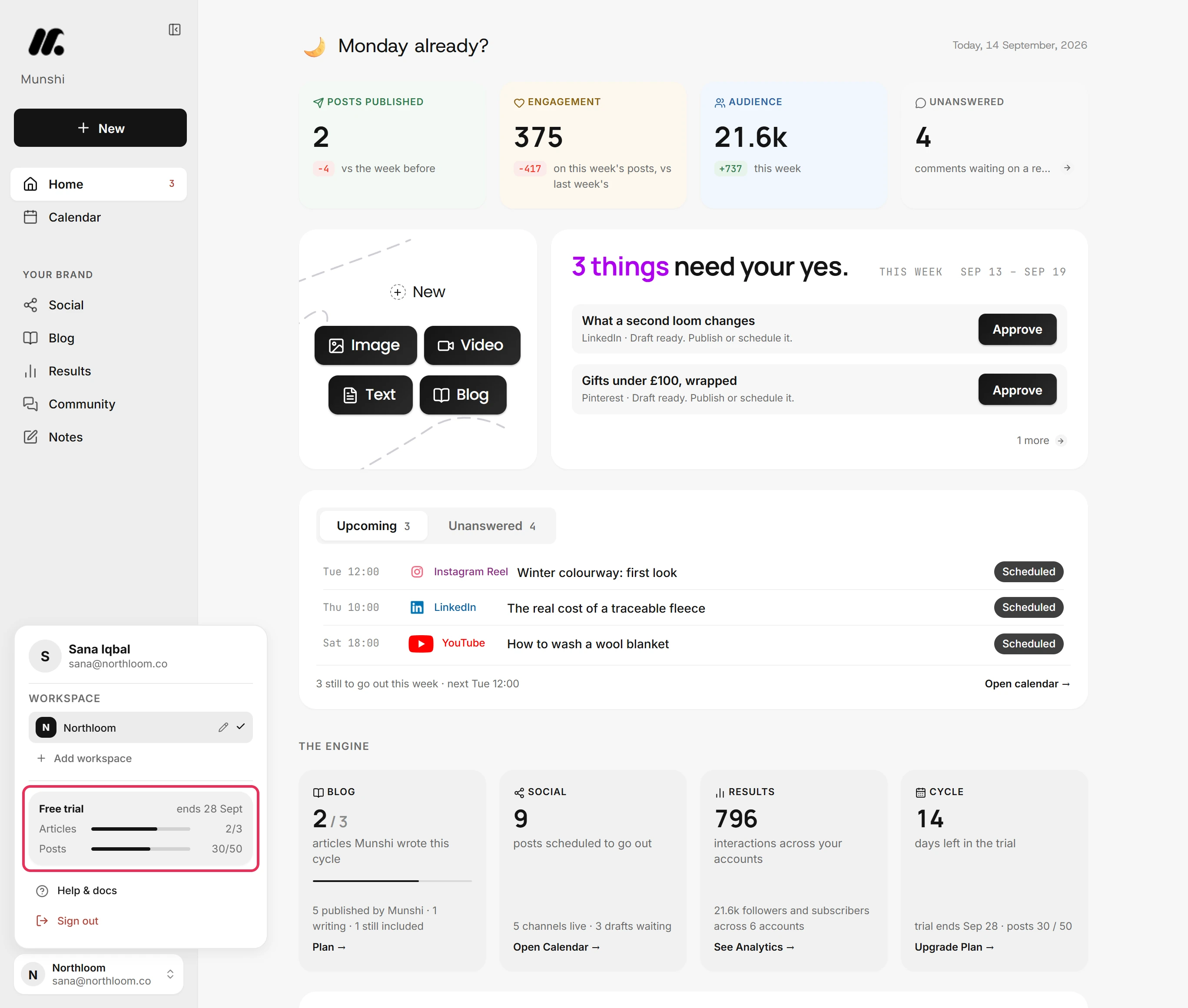 The workspace menu open above the bottom of the sidebar, with the Free trial card and its end date outlined.