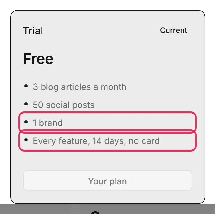 The Trial plan card with its lines for 1 brand and Every feature, 14 days, no card outlined.