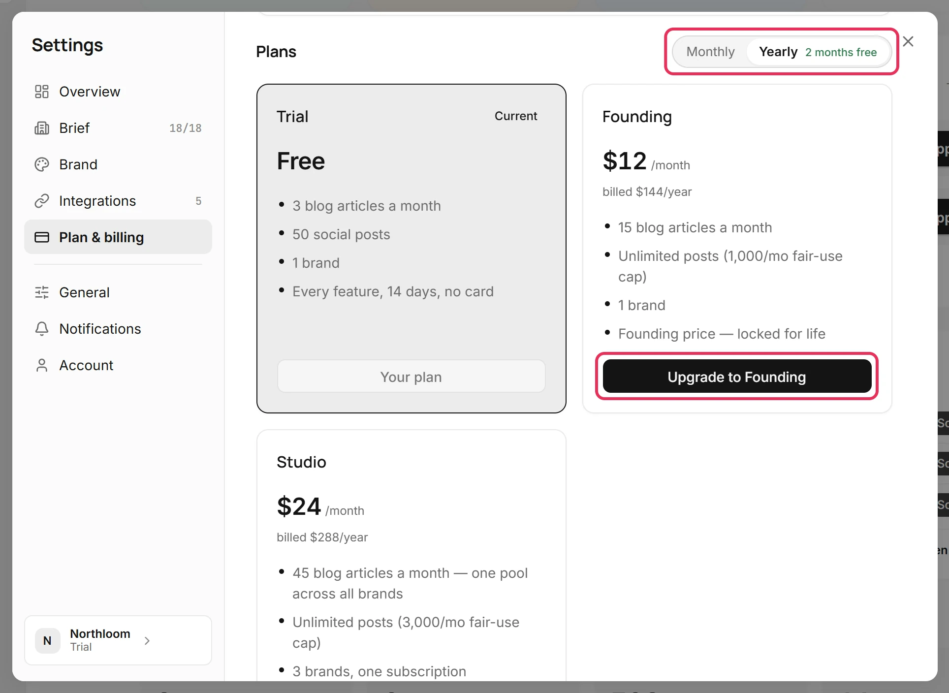 Plan and billing with Yearly chosen above the Trial and Founding cards, and the Monthly and Yearly switch and Upgrade to Founding button outlined.