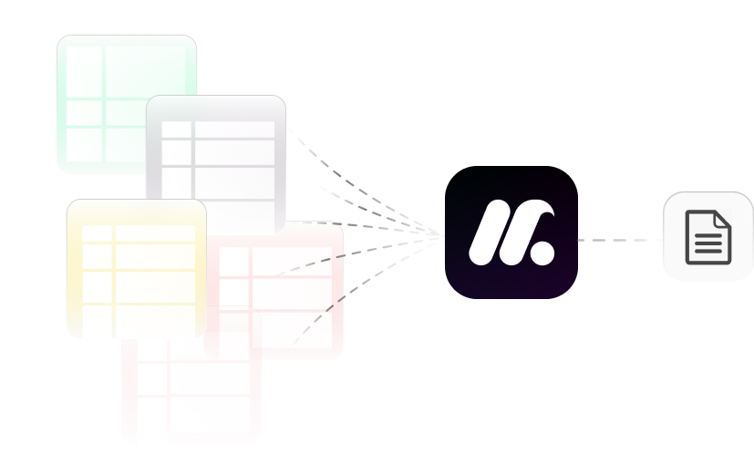 Content sheets for every channel converging into the Munshi mark and out as one finished draft