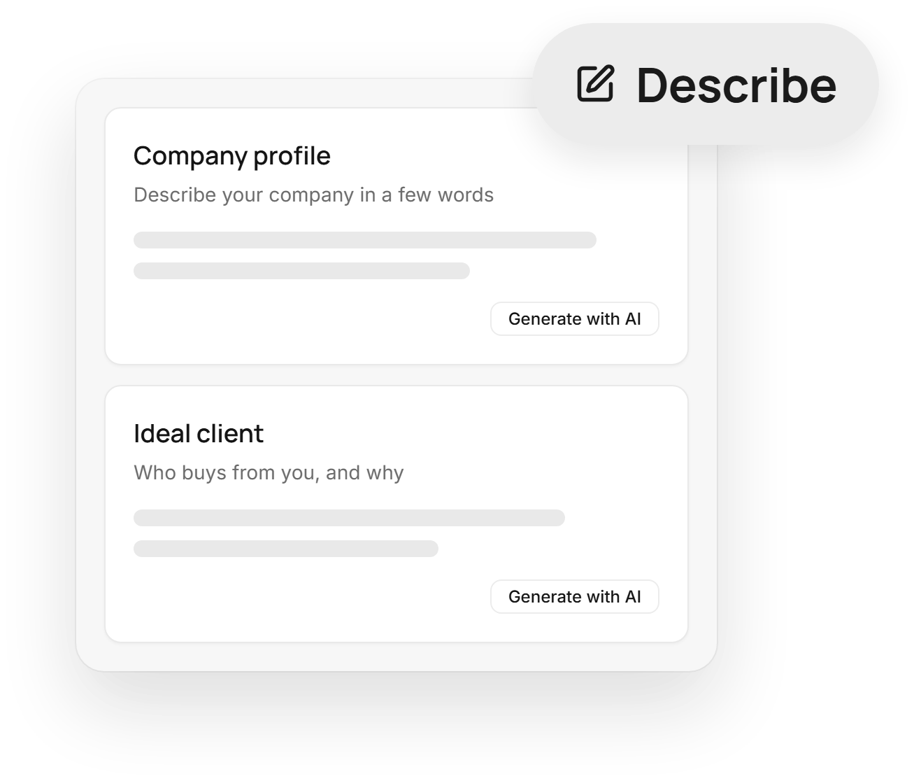 A company profile card and an ideal client card, each with a Generate with AI action, under a Describe label.