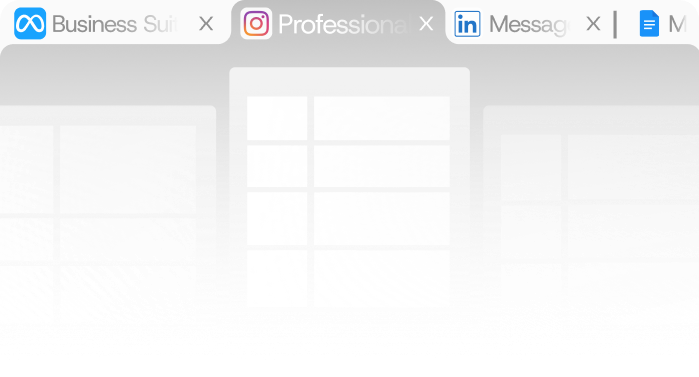 Browser tabs for Business Suite, Professional and Message sitting above three faded dashboards